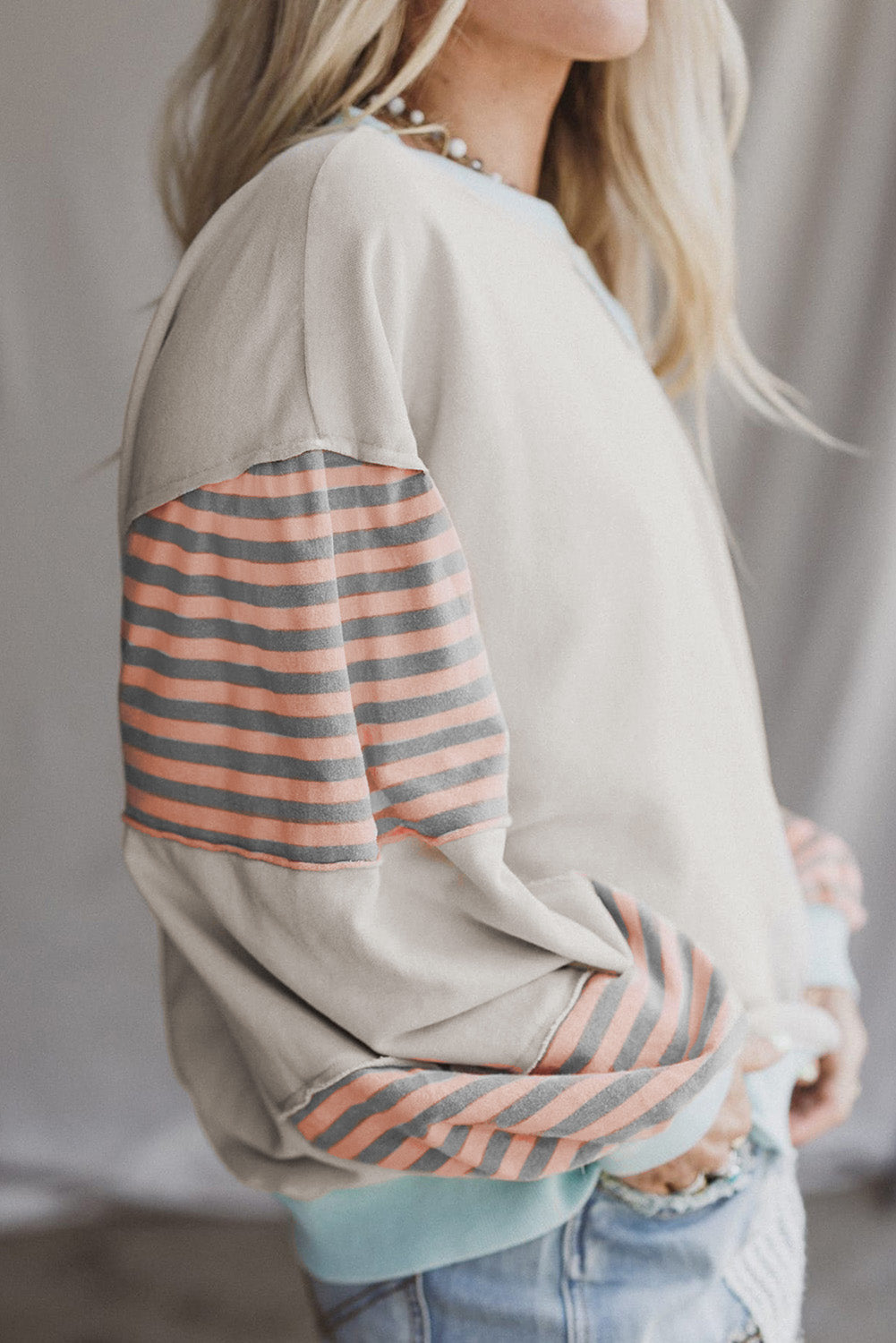 Parchment Striped Colorblock Patchwork Drop Shoulder Sweatshirt