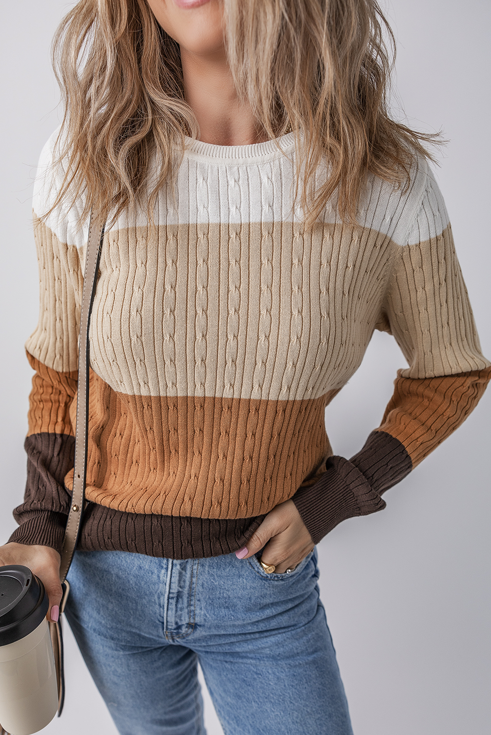Khaki Colorblock Cable Knit Round Neck Sweater