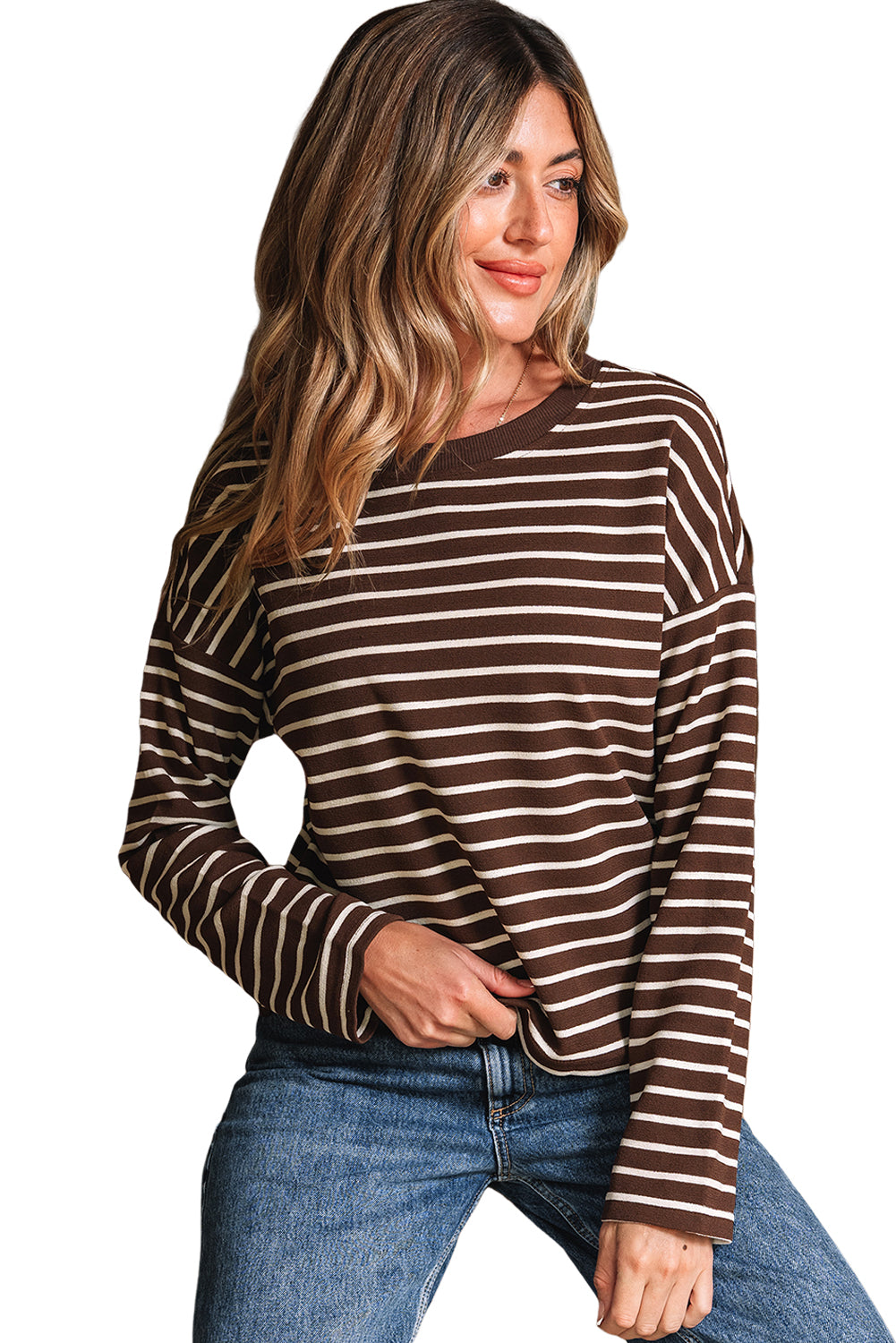 Brown Stripe Ribbed Cropped Crew Neck Long Sleeve T Shirt