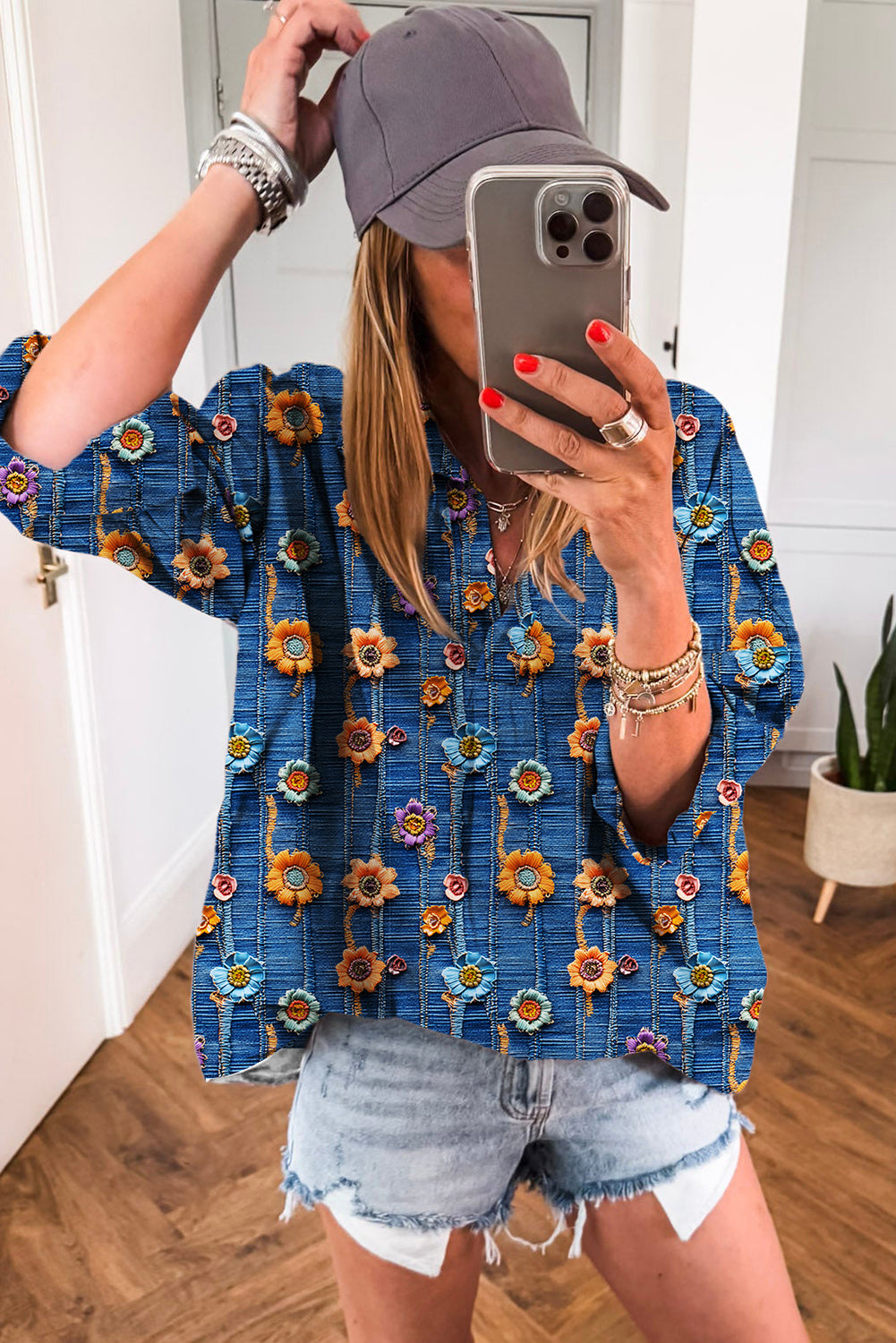 Sky Blue Floral Collared V Neck Roll up Sleeve Shift Blouse