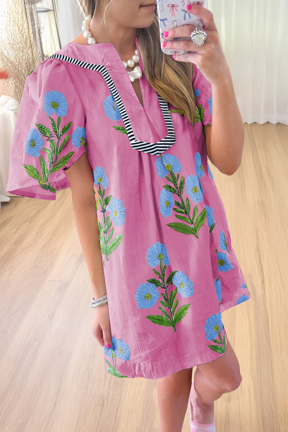 Apricot Floral Short Sleeve Split Neck Loose Mini Dress