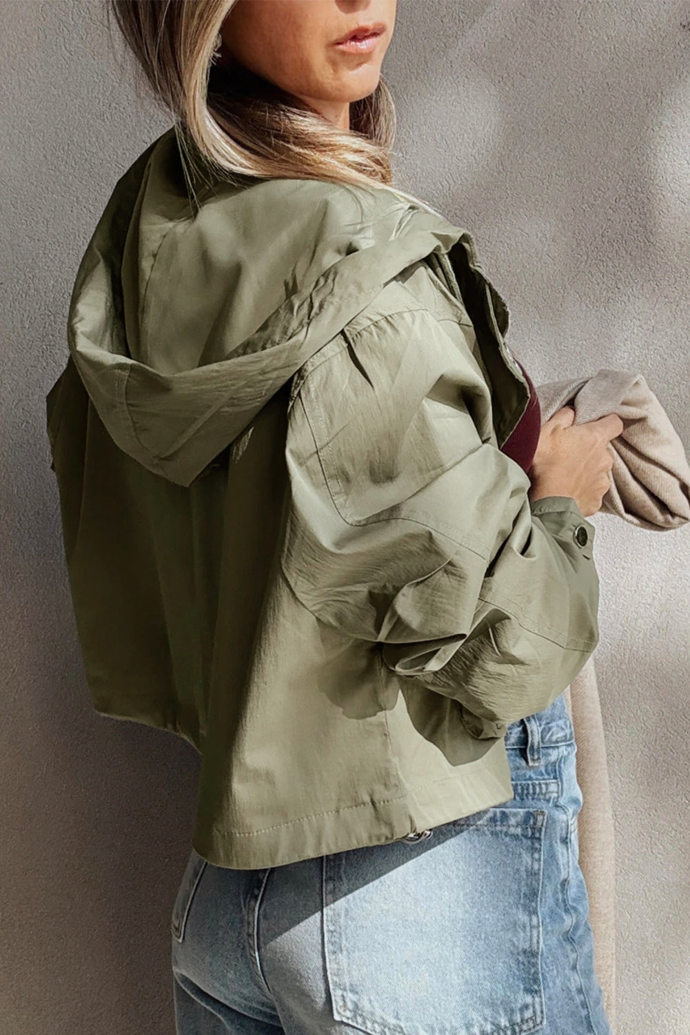 Laurel Green Zipped Pocket Cropped Hooded Utility Jacket