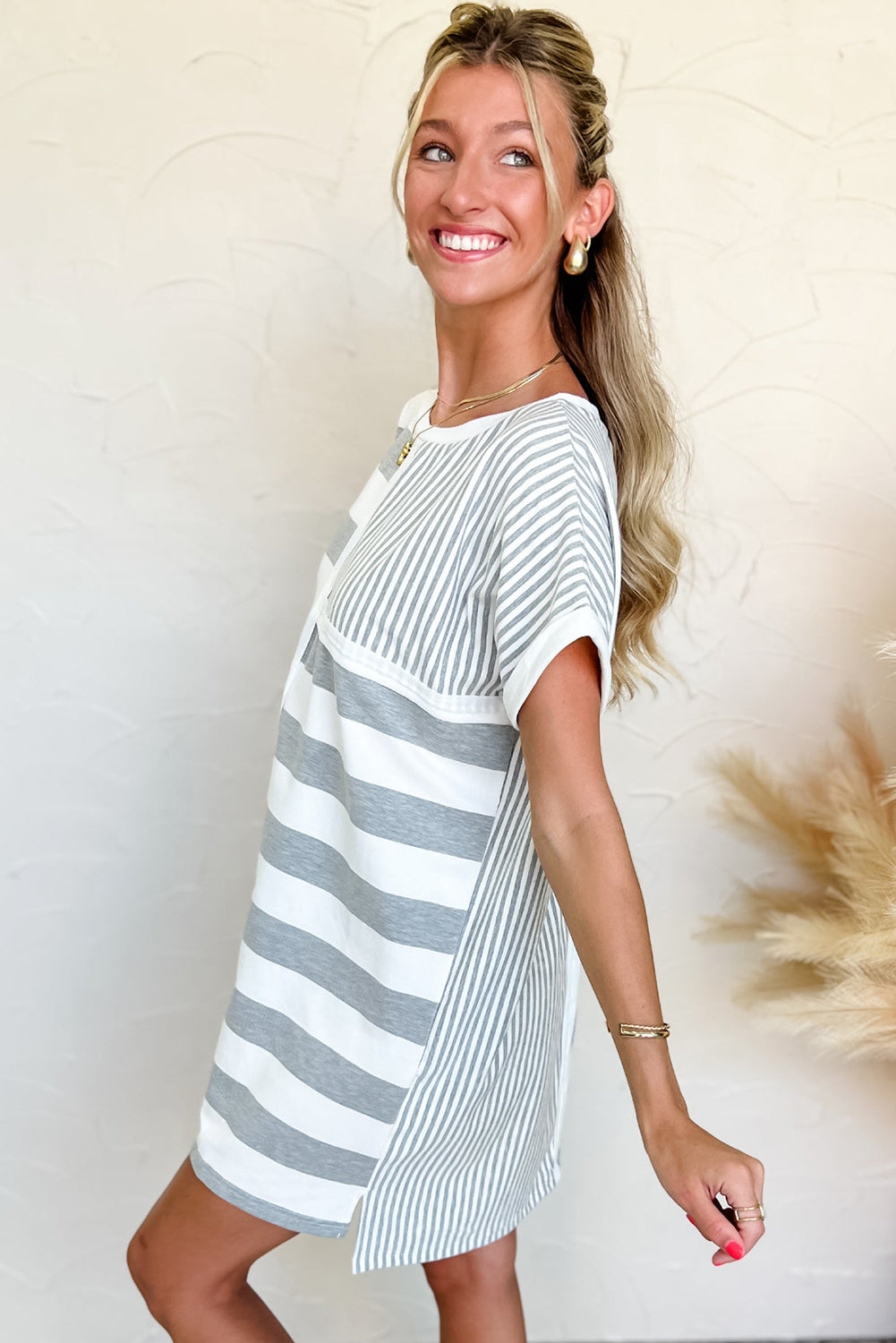 Blue Stripe Mixed Printed Short Sleeve Shift Mini T Shirt Dress
