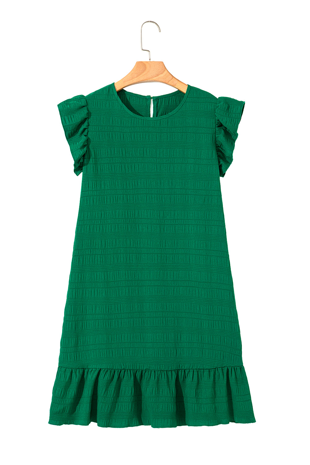Dark Green Textured Flutter Sleeve Ruffled Mini Dress