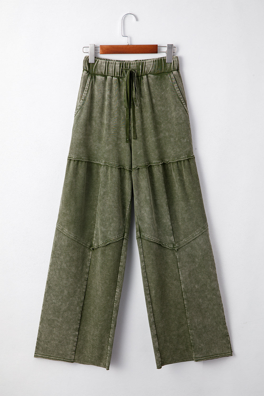 Straw Yellow Mineral Wash Tiered Wide Leg Patchwork Drawstring Pants