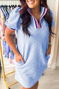 Beau Blue Contrast Striped Trim Zipped Stand Collar Textured Puff Sleeve Plus Size T Shirt Dress