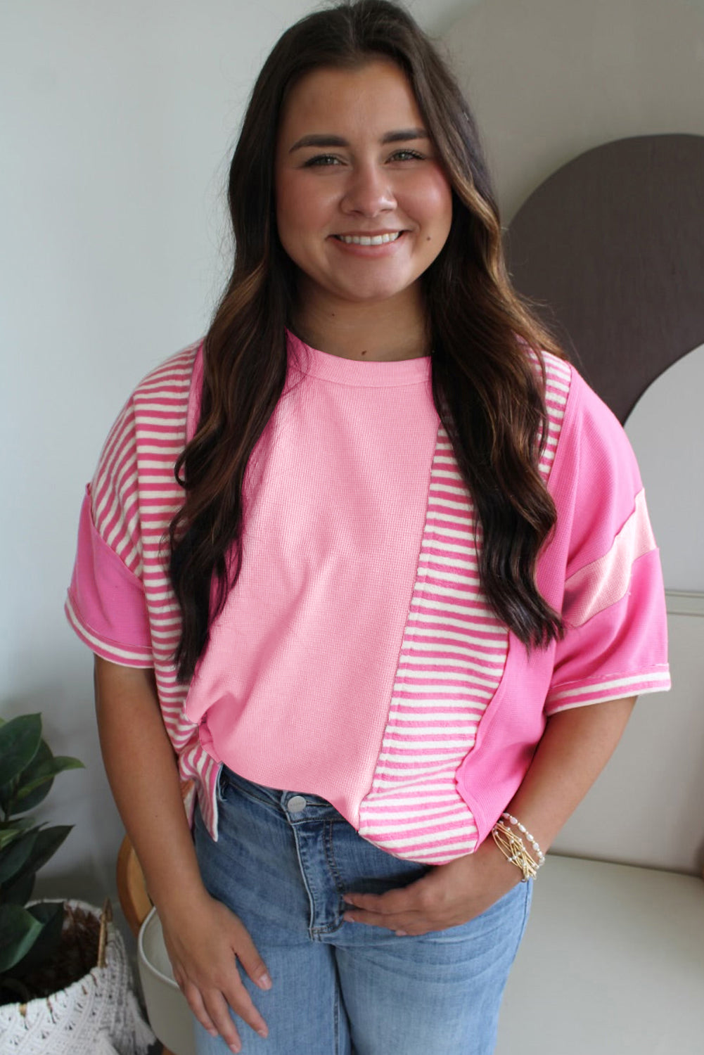 Green Stripe Patchwork Colorblock Plus Size T Shirt