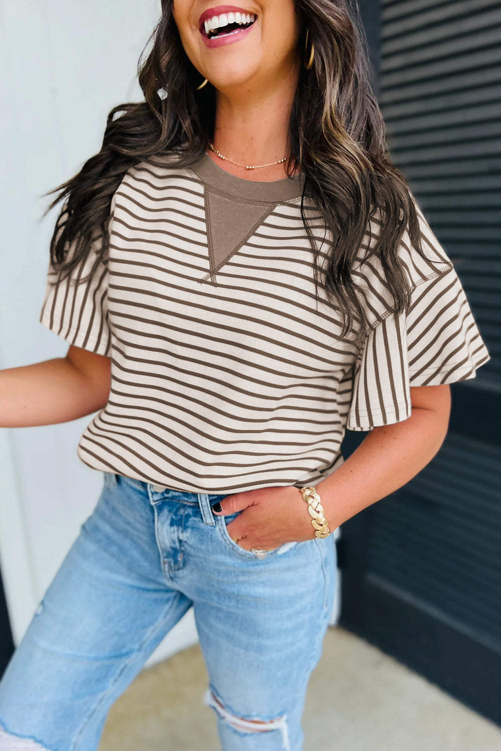 Parchment Contrast Detail Striped Ruffle Short Sleeve Top