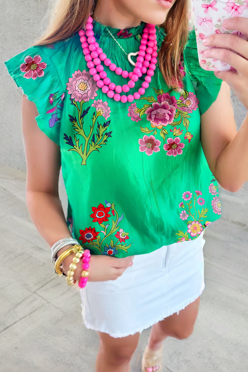 Green Floral Print Flutter Sleeve Frilly Neck Blouse