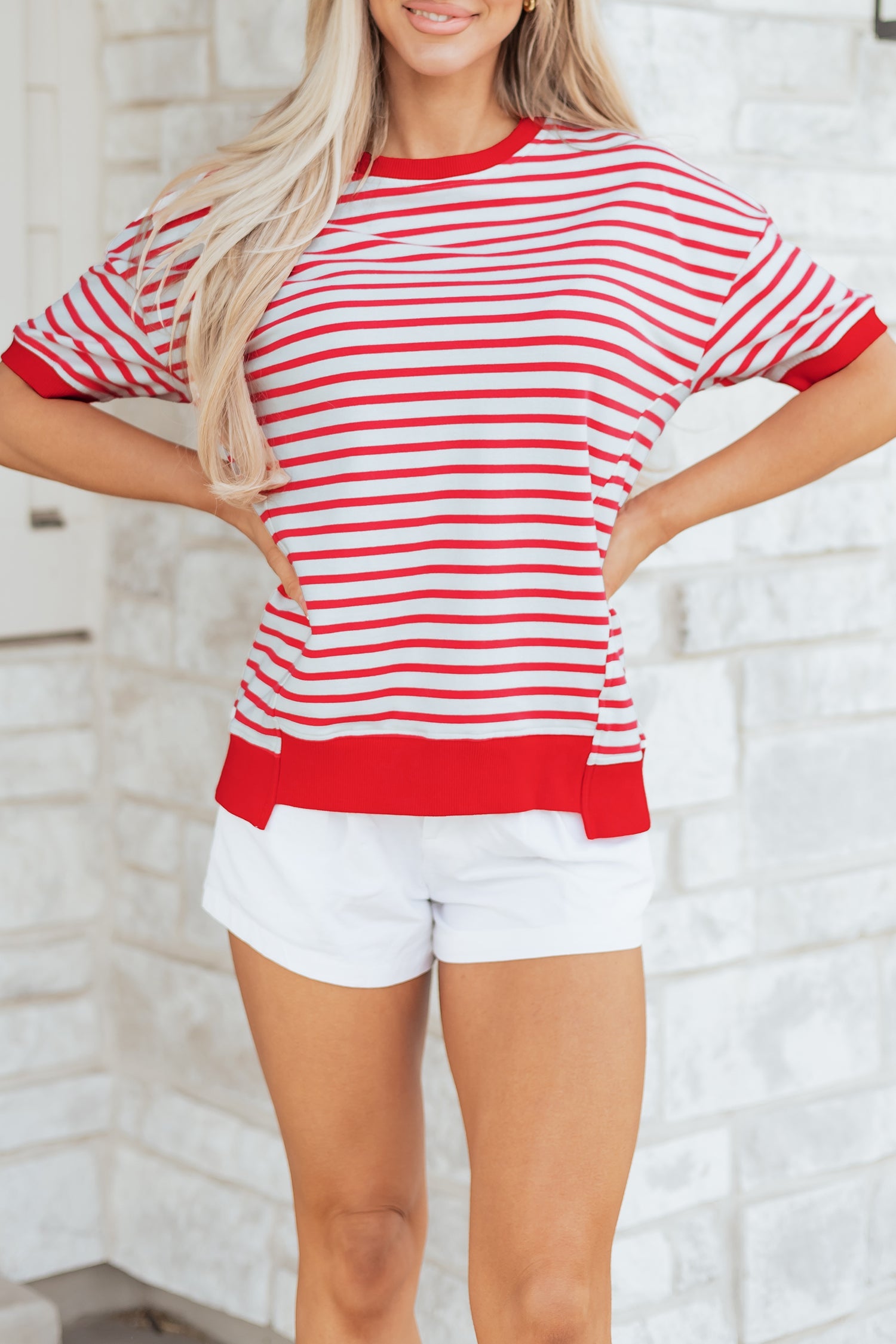 Red Stripe Drop Shoulder Half Sleeve T Shirt