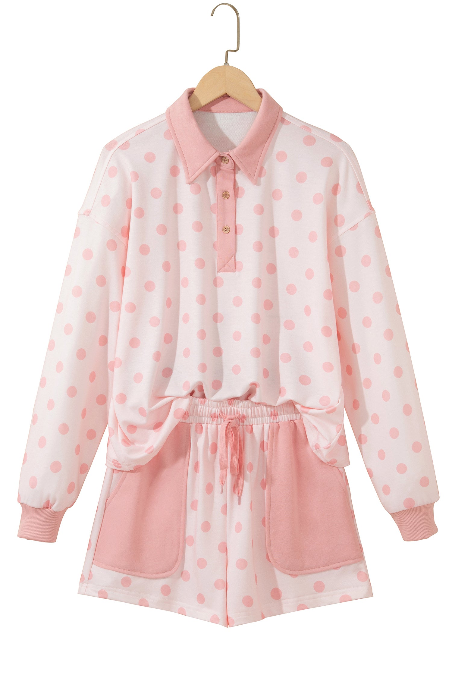Pink Polka Dot Drop Shoulder Polo Loose Pullover Patch Pocket Casual Shorts Set