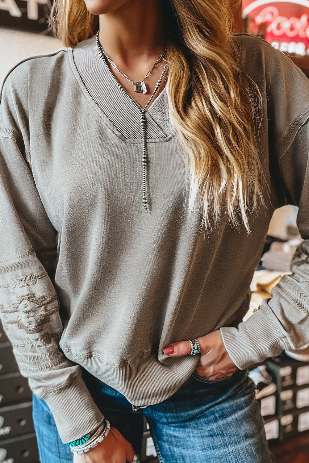 Parchment Aztec Embroidered Western V Neck Sweatshirt