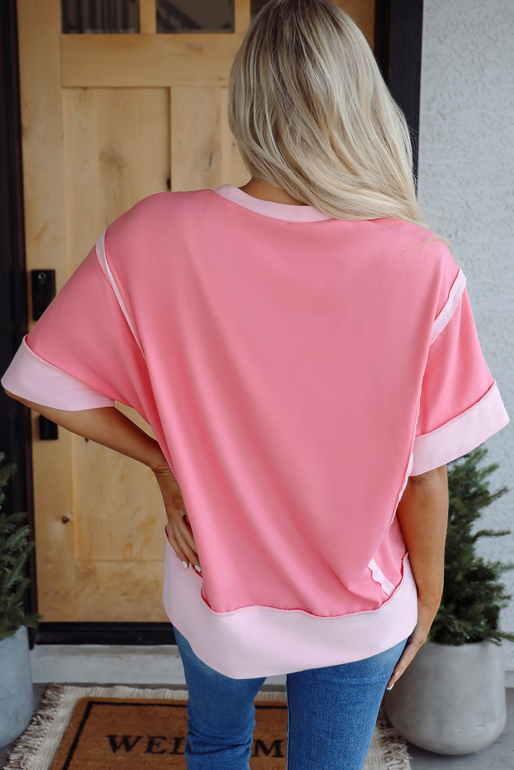 Peach Blossom Half Sleeve Raw Seam High Low Side Split Top