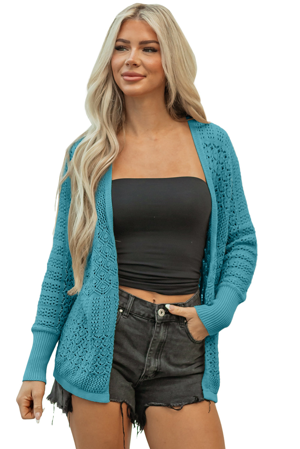 Redwood Burl Mix Pattern Hollowed Knit Open Front Cardigan