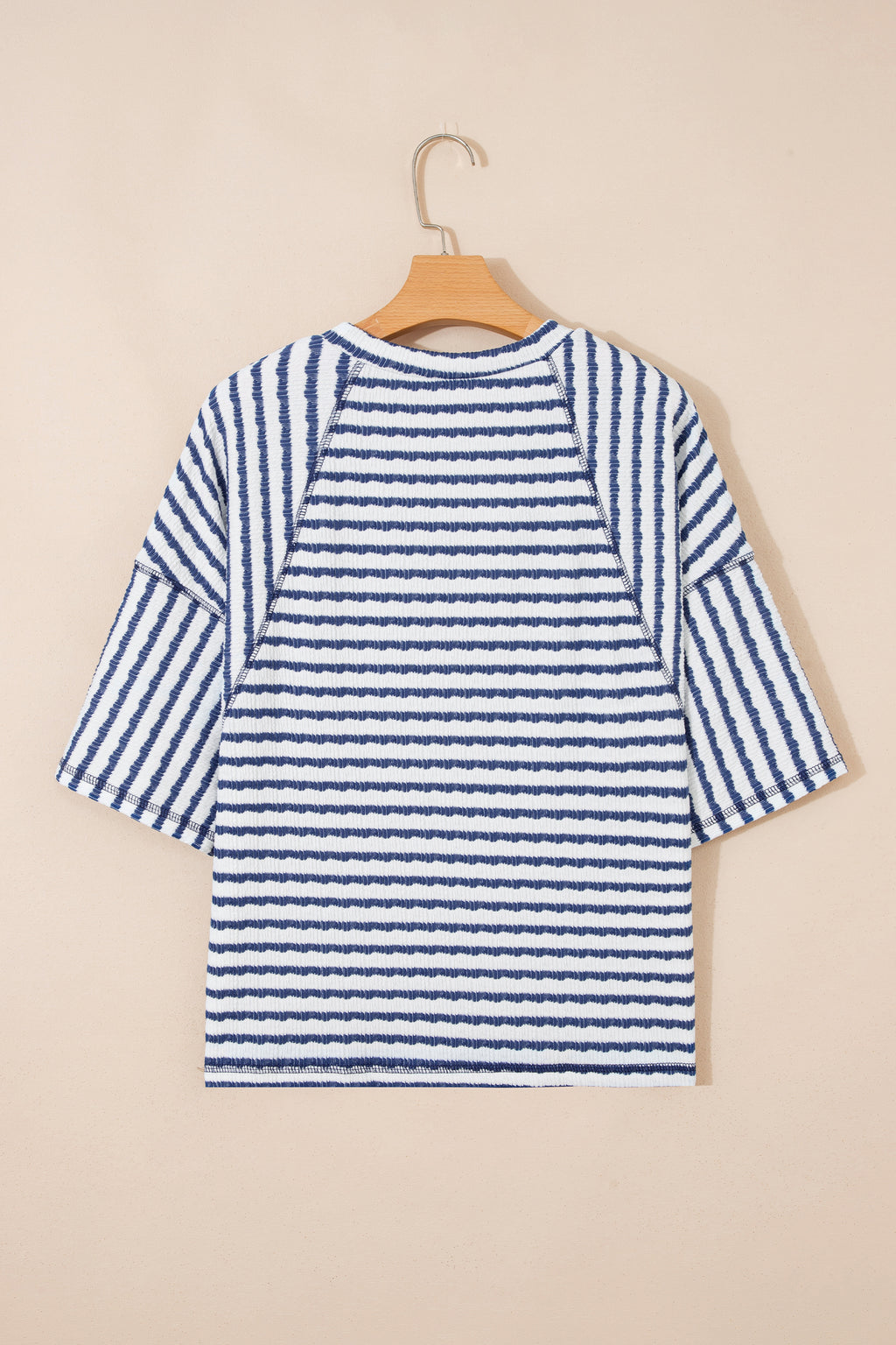 Sky Blue Stripe Textured Knit Split Hem Half Sleeve Loose Top