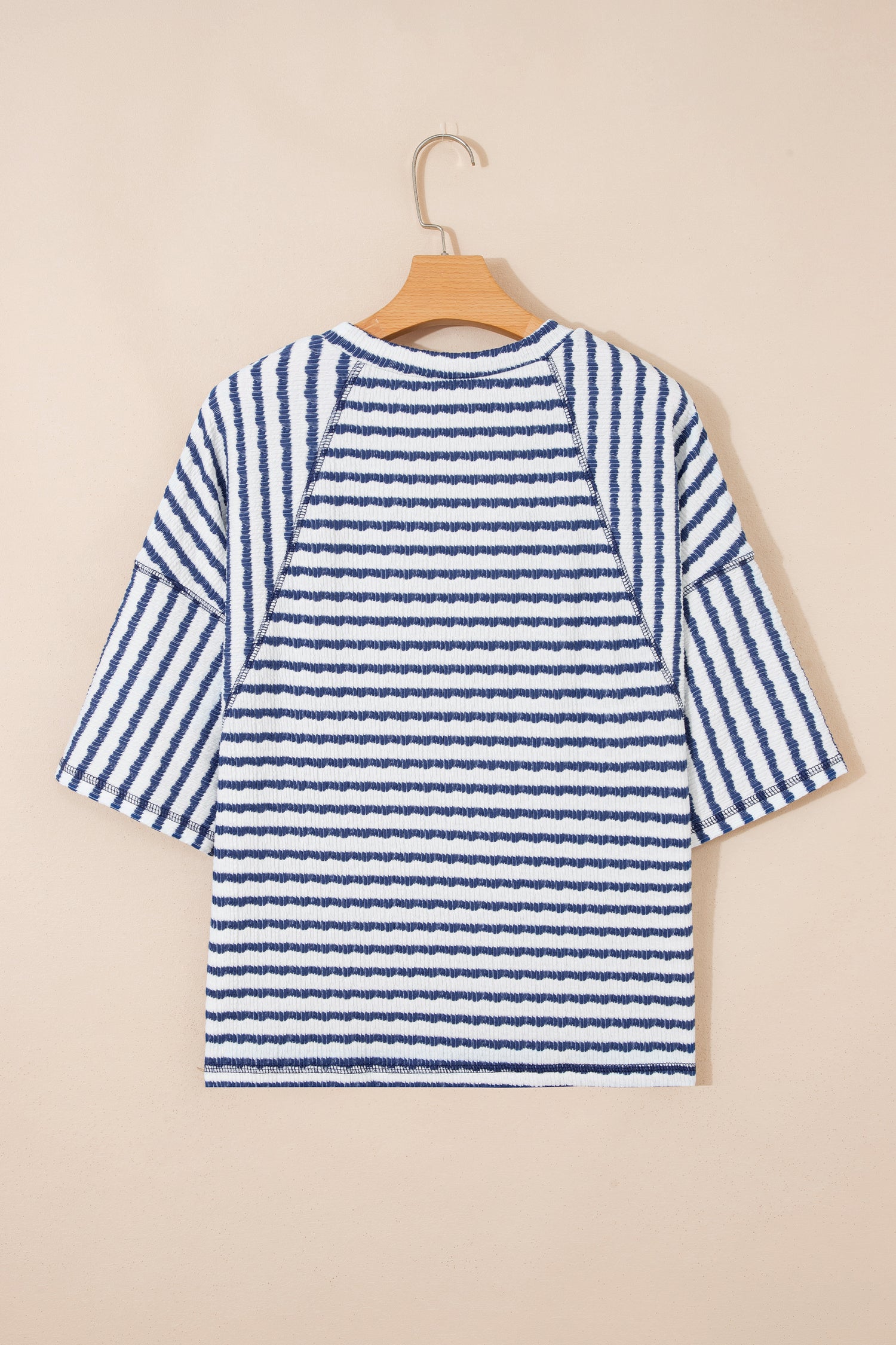 Sky Blue Stripe Textured Knit Split Hem Half Sleeve Loose Top