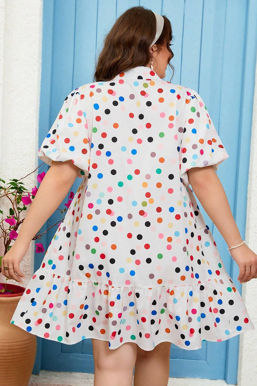 White Polka Dot Print Bubble Sleeve Button Up Plus Size Shirt Dress