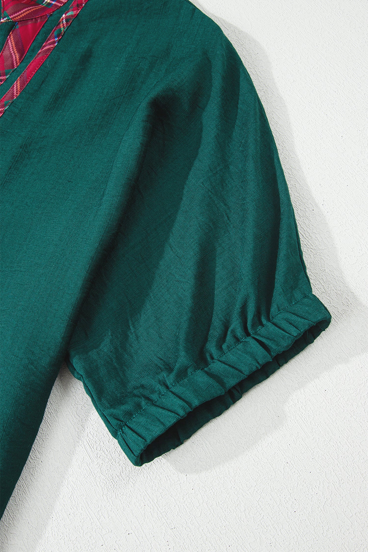 Evergreen Contrast Plaid Patchwork V Neck Half Sleeve Blouse