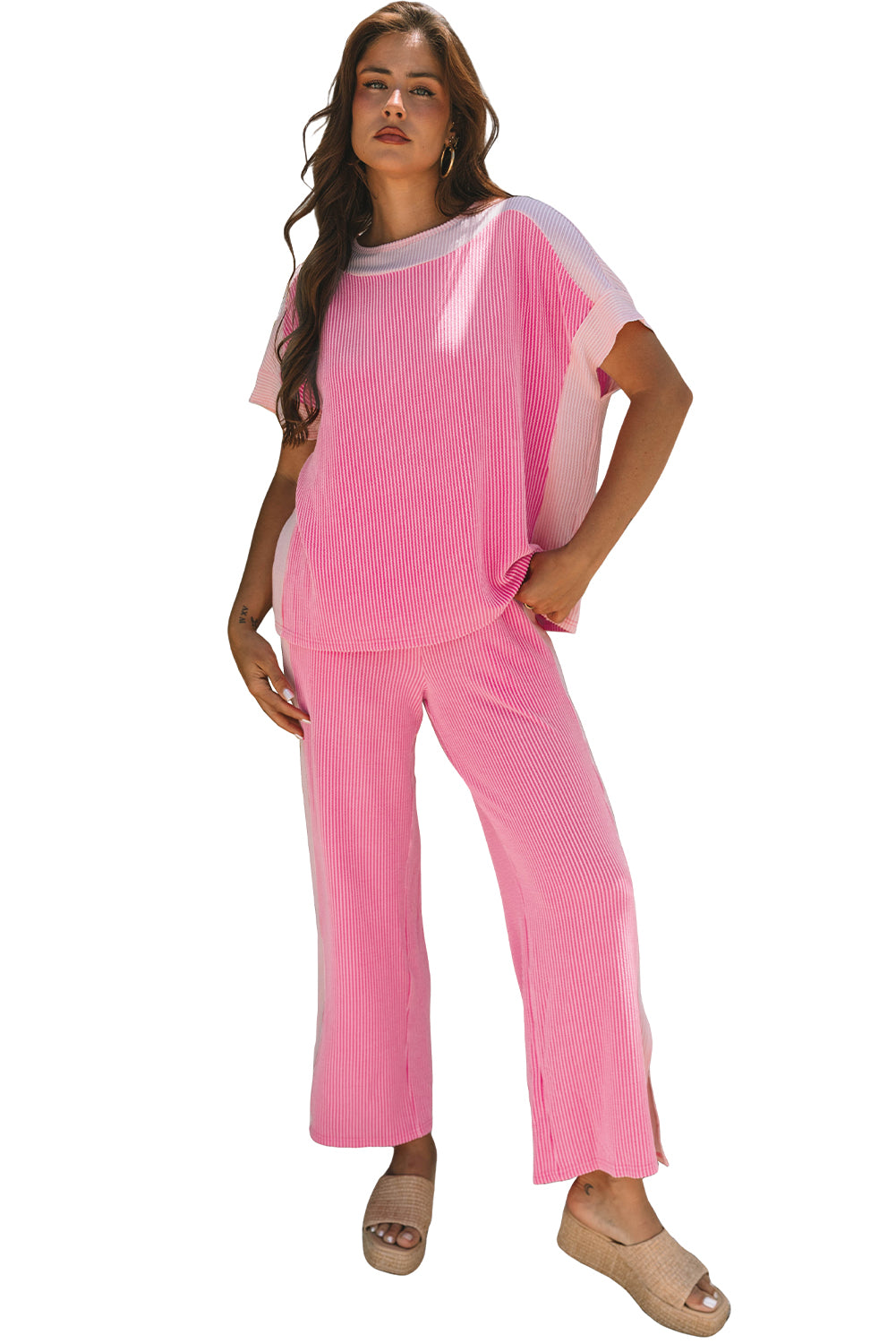 Sachet Pink 2-tone Colorblock Patchwork Corded 2pcs Outfit