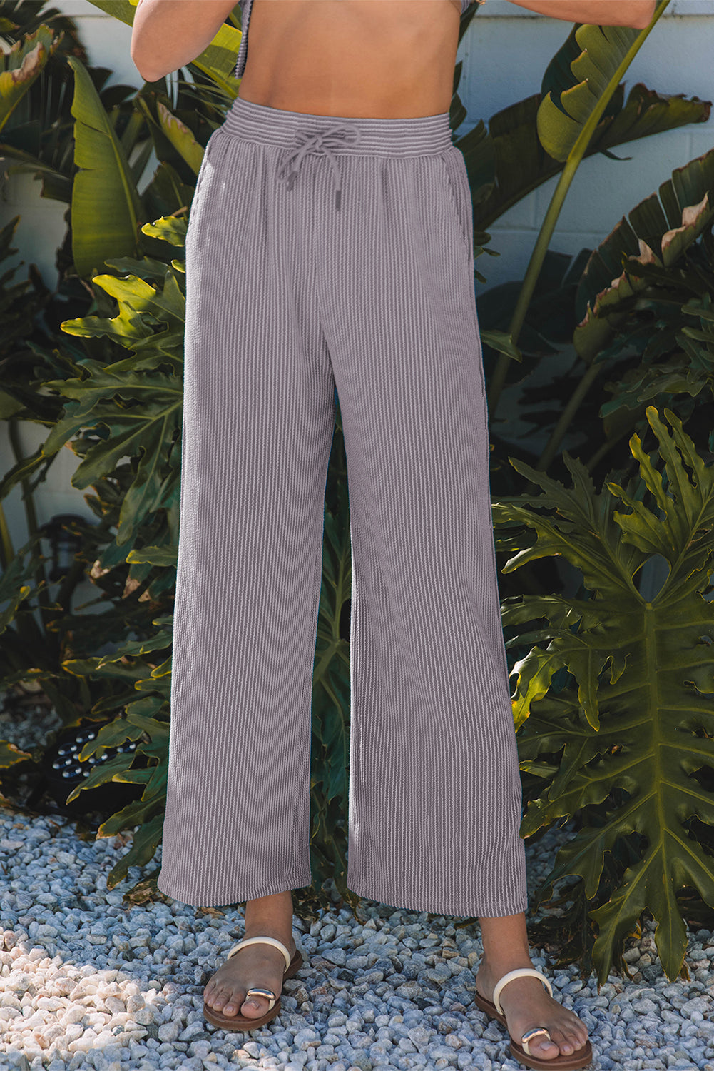 Bright Pink Solid Corded Knit Short Sleeve T Shirt and Wide Leg Pants Set