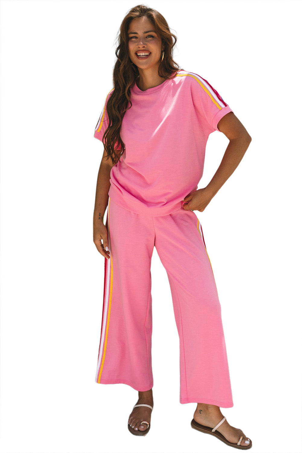Bonbon Color Contrast Crewneck T Shirt and Wide Leg High Waist Pants Set