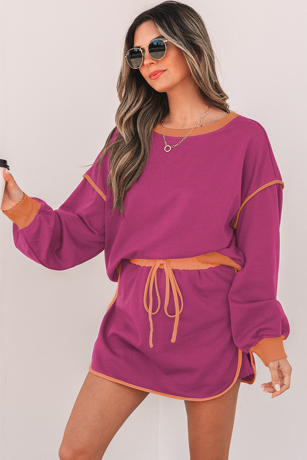 Evergreen Color Contrast Loose Pullover and Lace-up Waist Skort Set