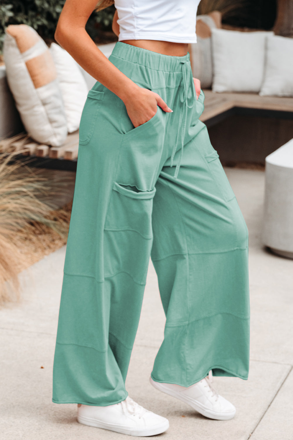 Mint Green Mineral Wash Exposed Seam Drawstring High Waist Wide Leg Cargo Pants