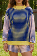 Blue Stripe Color Block Long Sleeve Pullover Ribbed Knit Casual Shorts Set