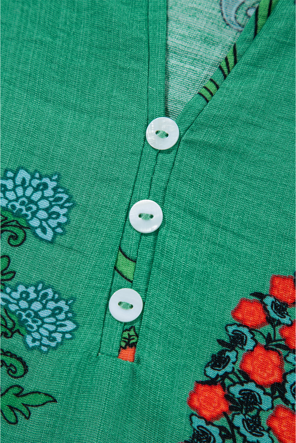 Bright Green Floral Print Buttoned V Neck Short Sleeve Blouse