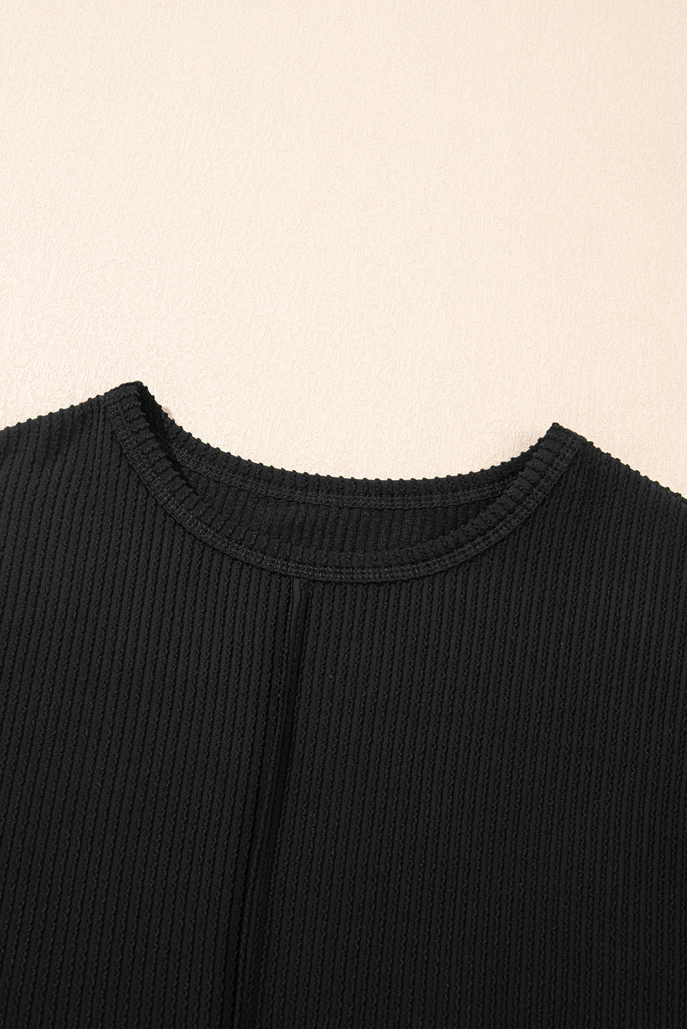 Black Solid Color Corded Short Sleeve Top and Casual Pants Set