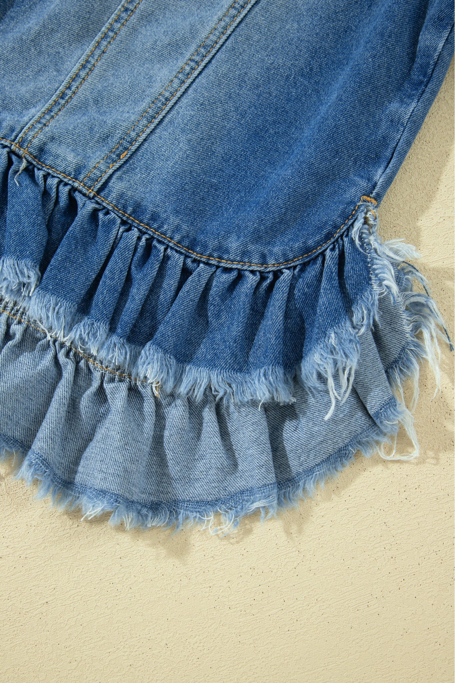 Blue Ruffle Hem Raw Edge Half Sleeve Western Denim Jacket