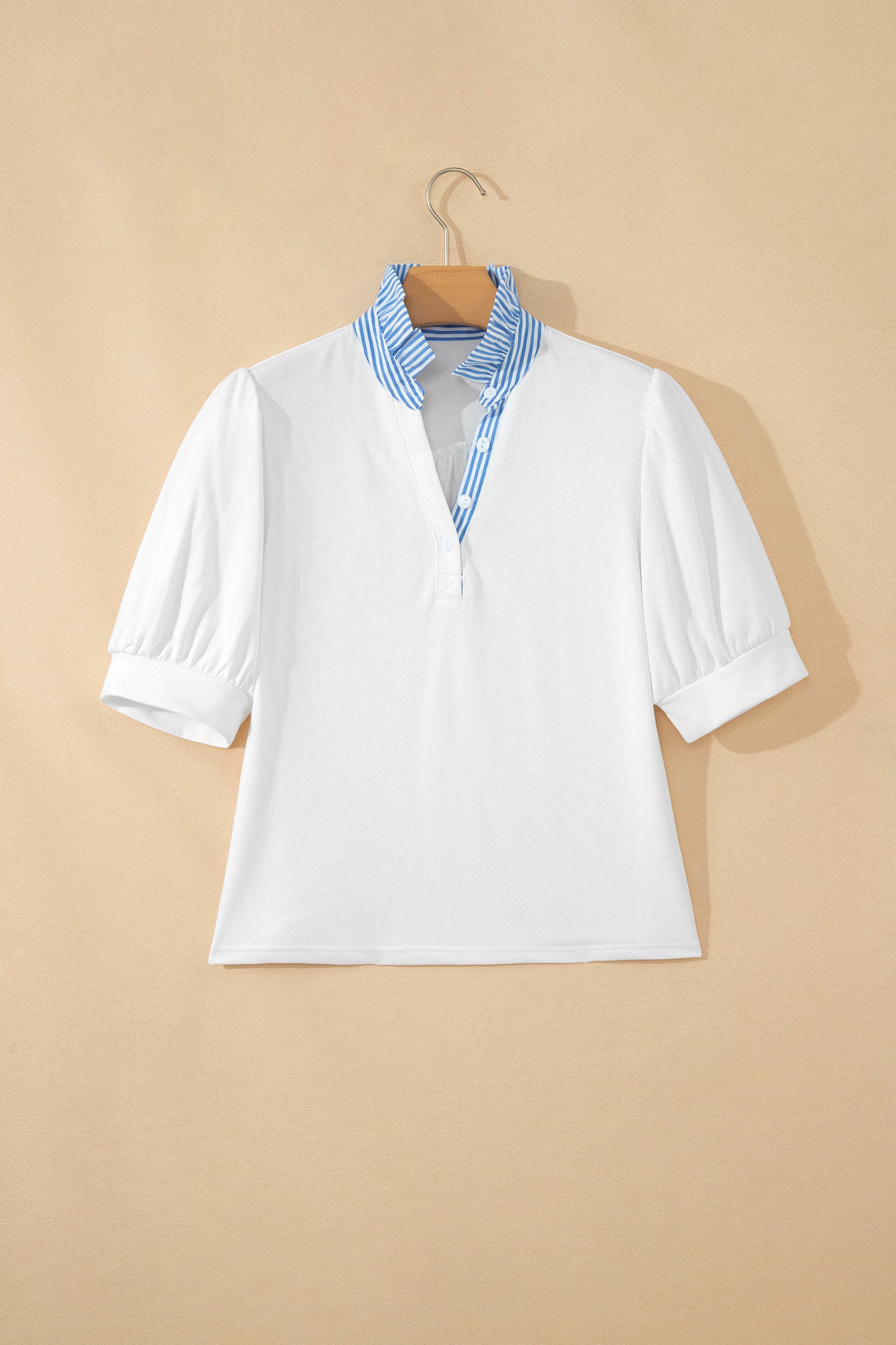 Sky Blue Striped Frilled Collar Short Sleeve Blouse