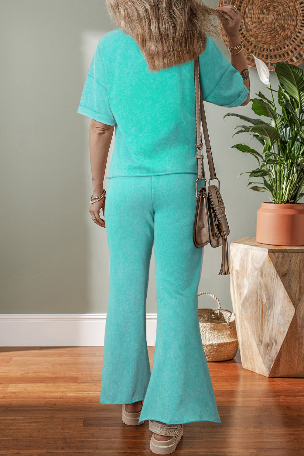 Light Pink Acid Wash Star Patched Rolled Trim Pants Set
