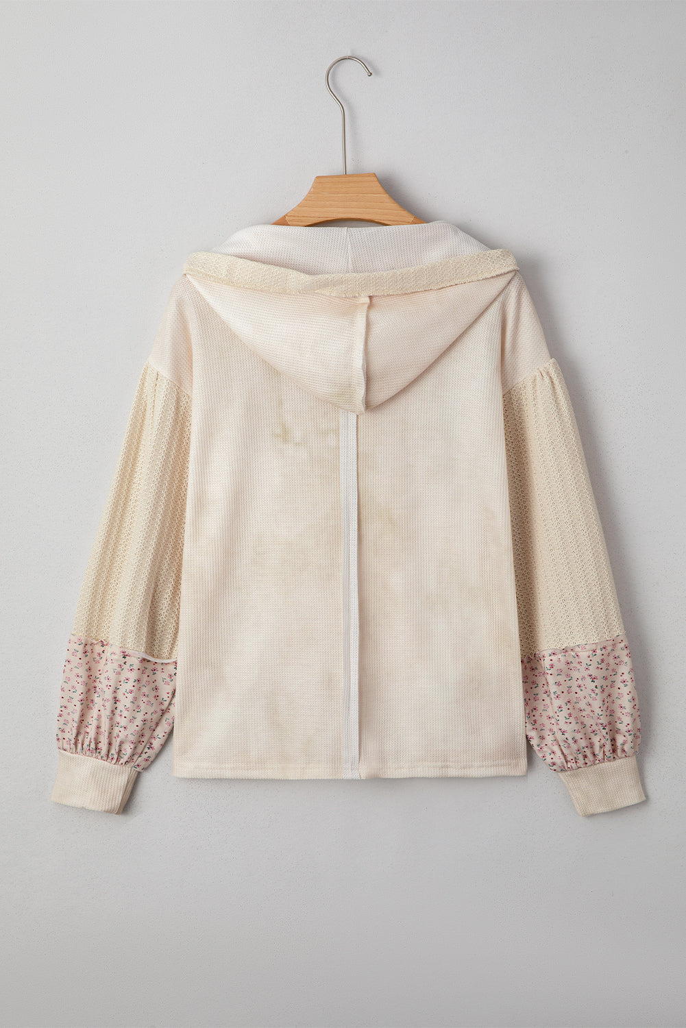 Pink Floral Patched Waffle Textured Colorblock V Neck Casual Hooded Top