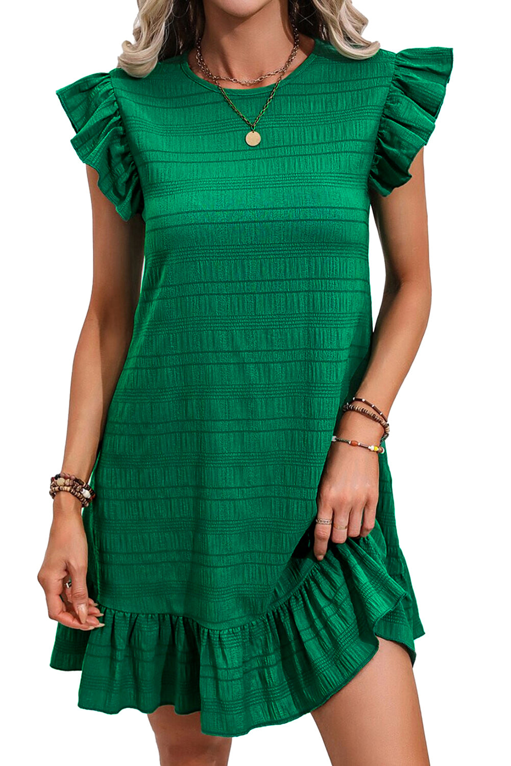 Dark Green Textured Flutter Sleeve Ruffled Mini Dress