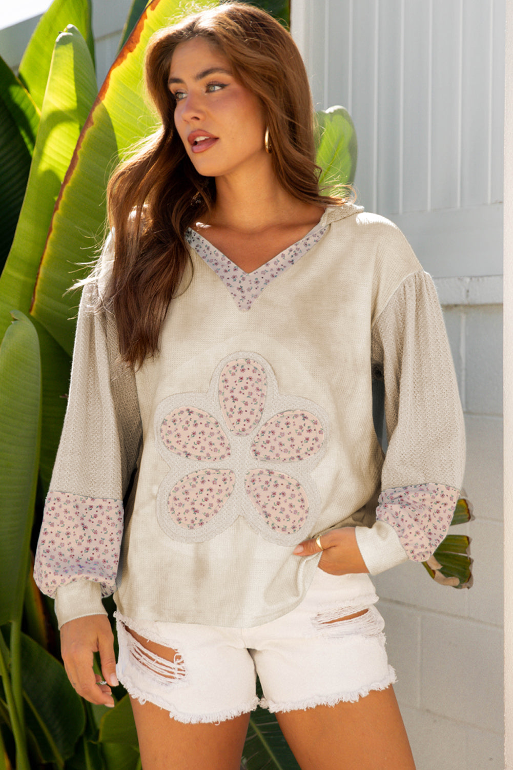 Pink Floral Patched Waffle Textured Colorblock V Neck Casual Hooded Top