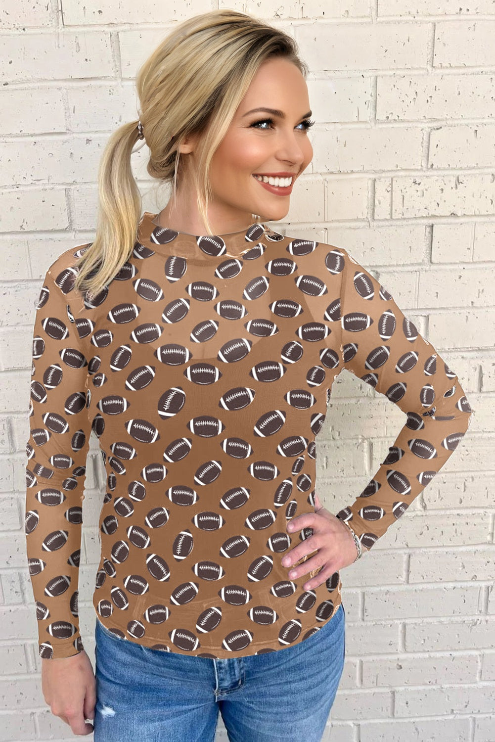 Red Game Day Rugby Mesh Sheer Long Sleeve Top