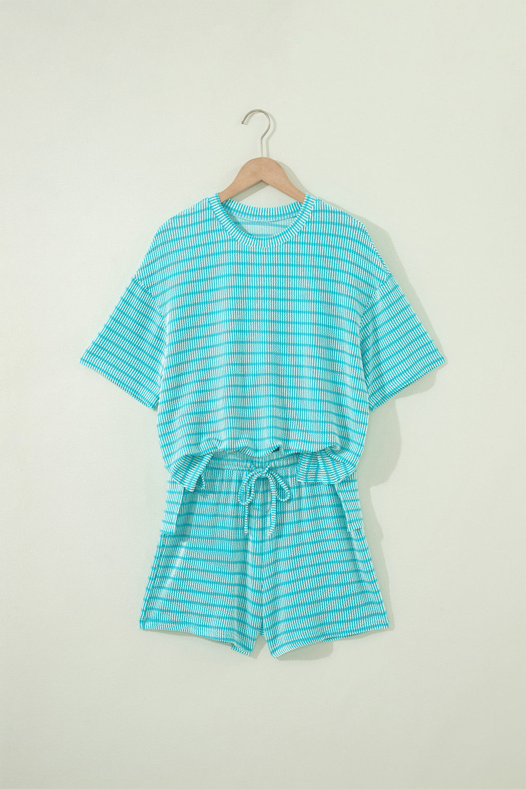Rose Stripe Raised Rib Loose Tee Drawstring Elastic Waist 2pcs Short Set
