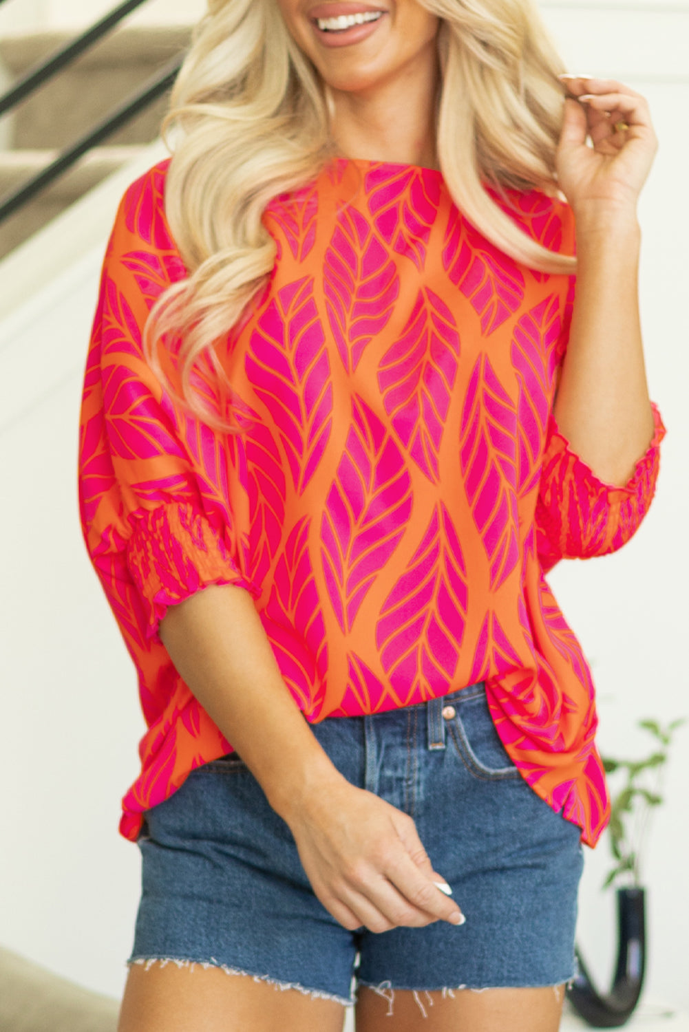 Rose Tropical Leaf Print Smocked Puff Sleeve Blouse