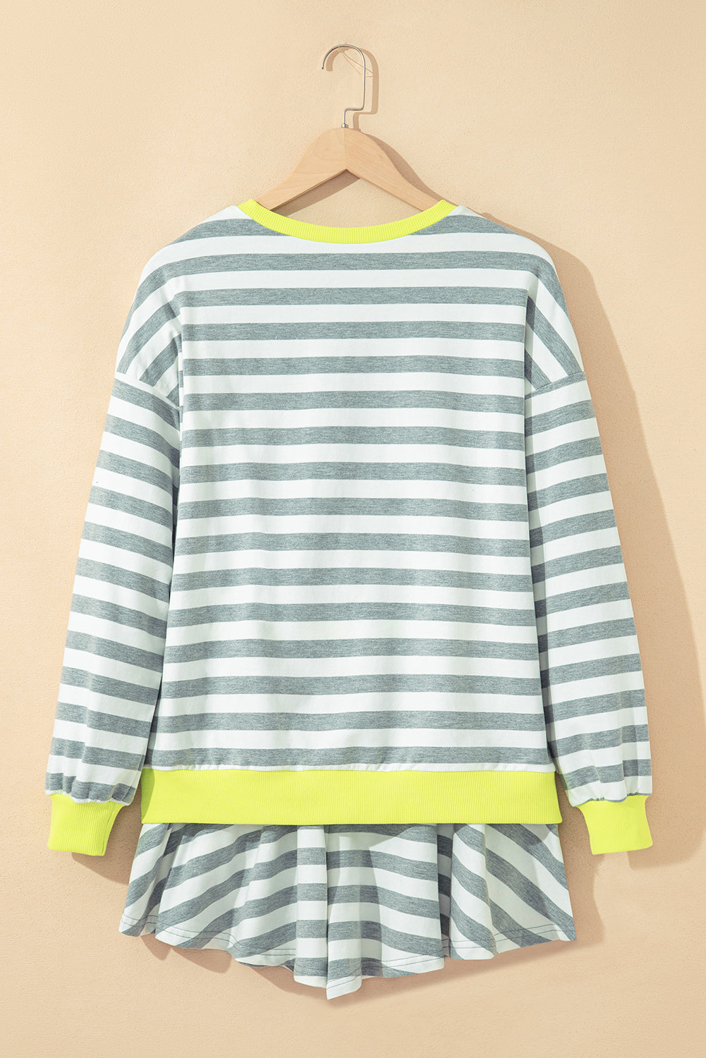 Black Stripe Contrast Ribbed Banding Long Sleeve Blouse Loose Shorts Set