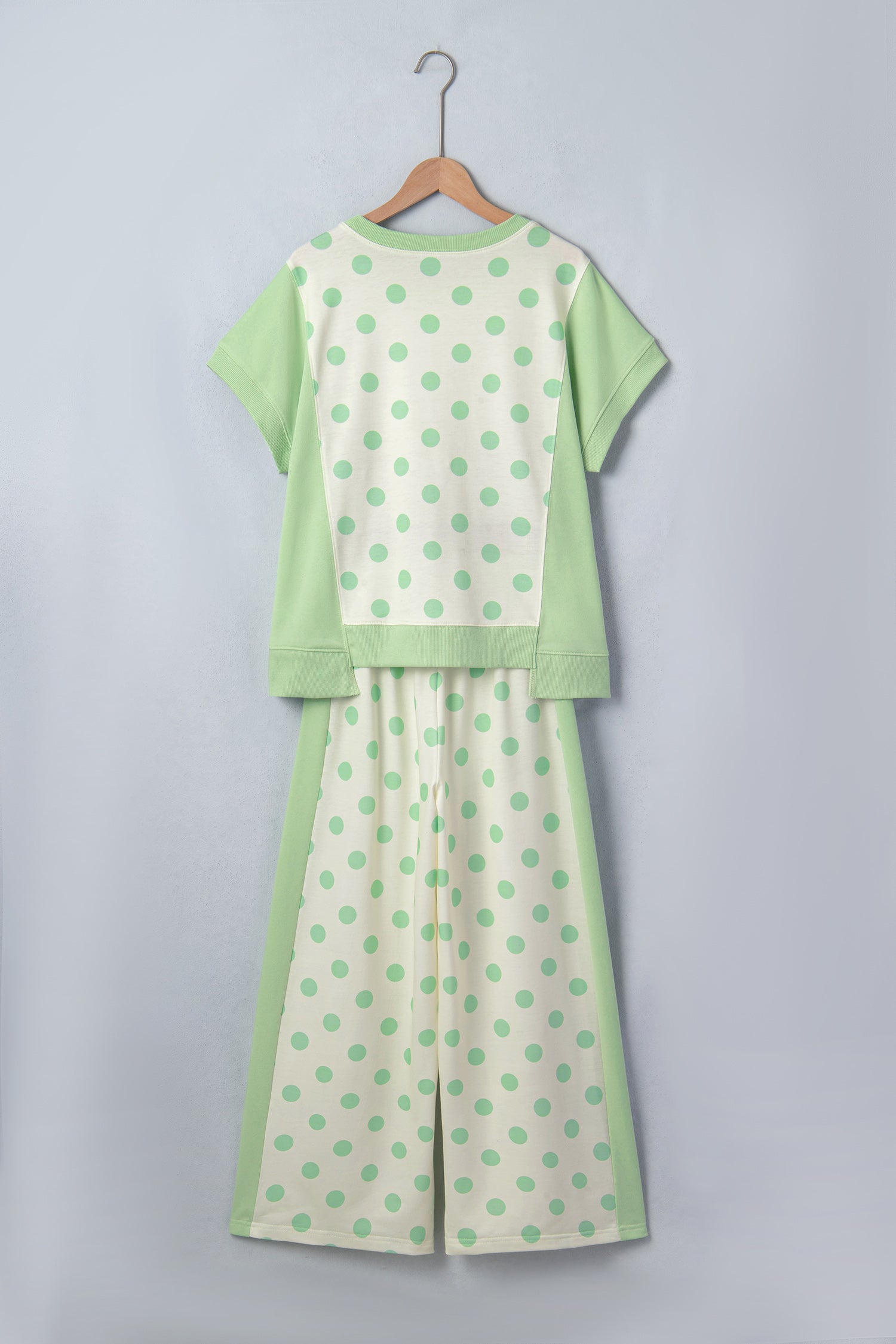 Green Color Block Patchwork Polka Dot Wide Leg Pant Set