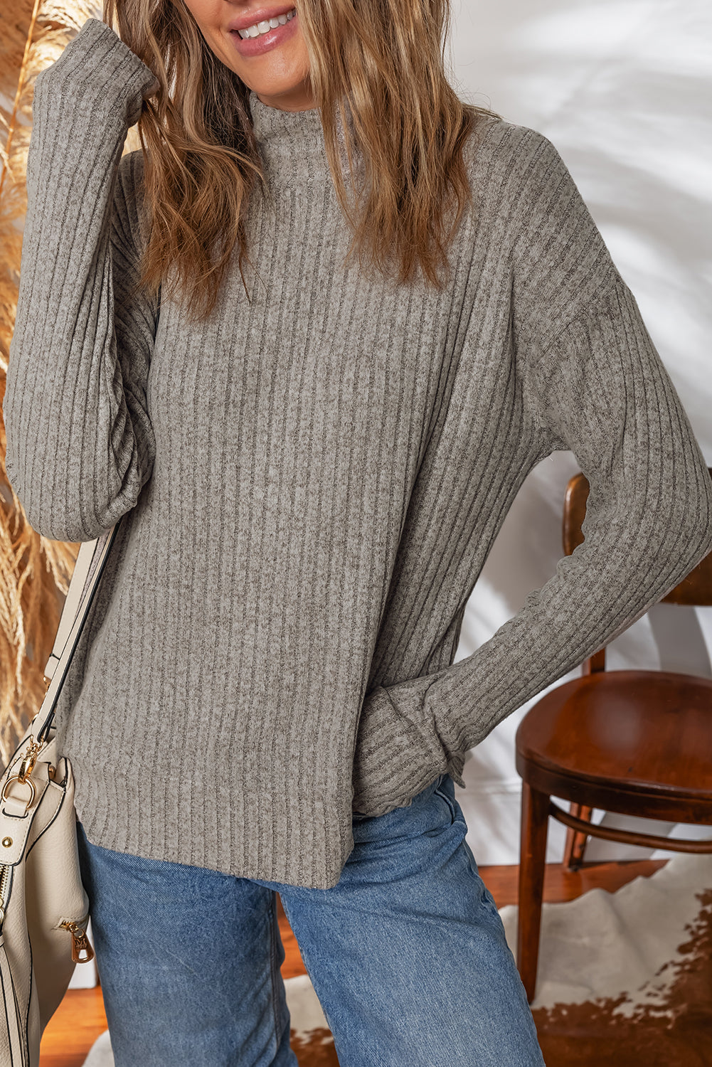 Gray Morn Ribbed High Neck Knitted Pullover Top