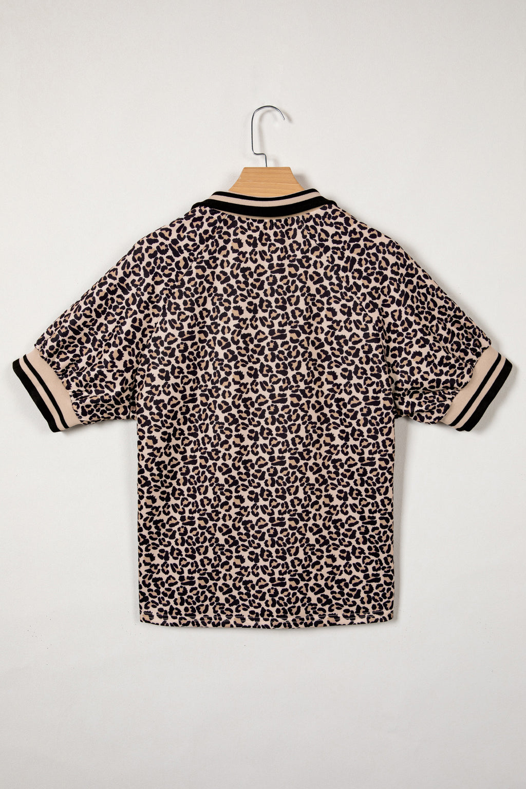 Brown Leopard Print Half Zip Striped Trim Patchwork Short Sleeve Top