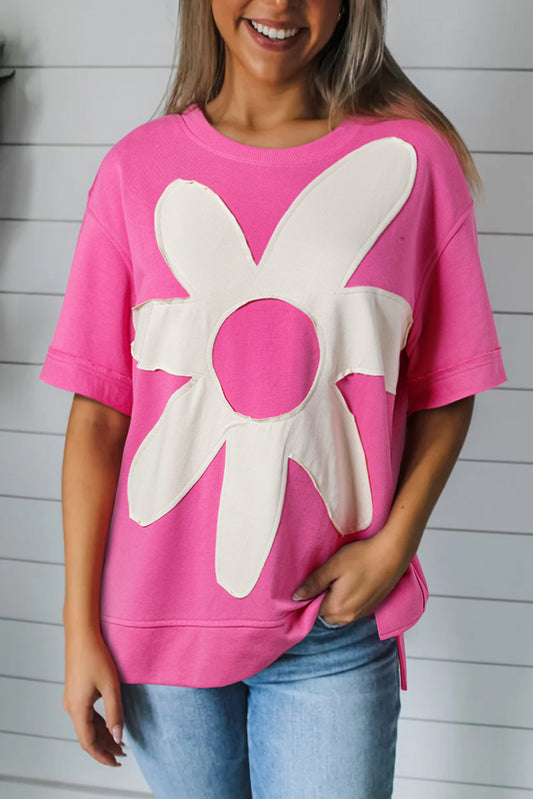 Sachet Pink Contrast Flower Drop Shoulder Loose T Shirt