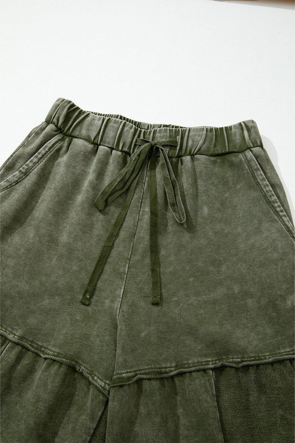 Straw Yellow Mineral Wash Tiered Wide Leg Patchwork Drawstring Pants