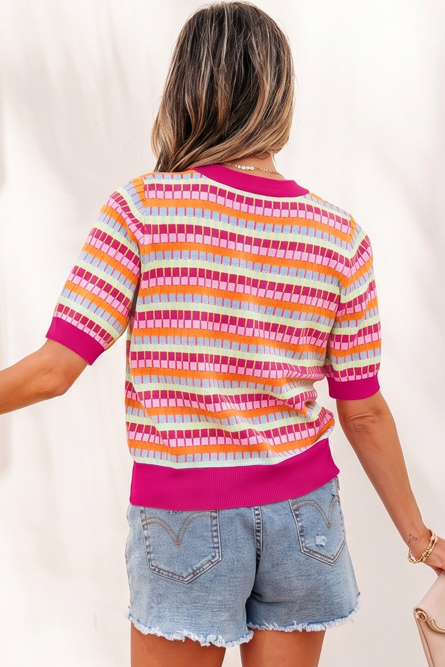Orange Abstract Striped Knit Short Sleeve Sweater