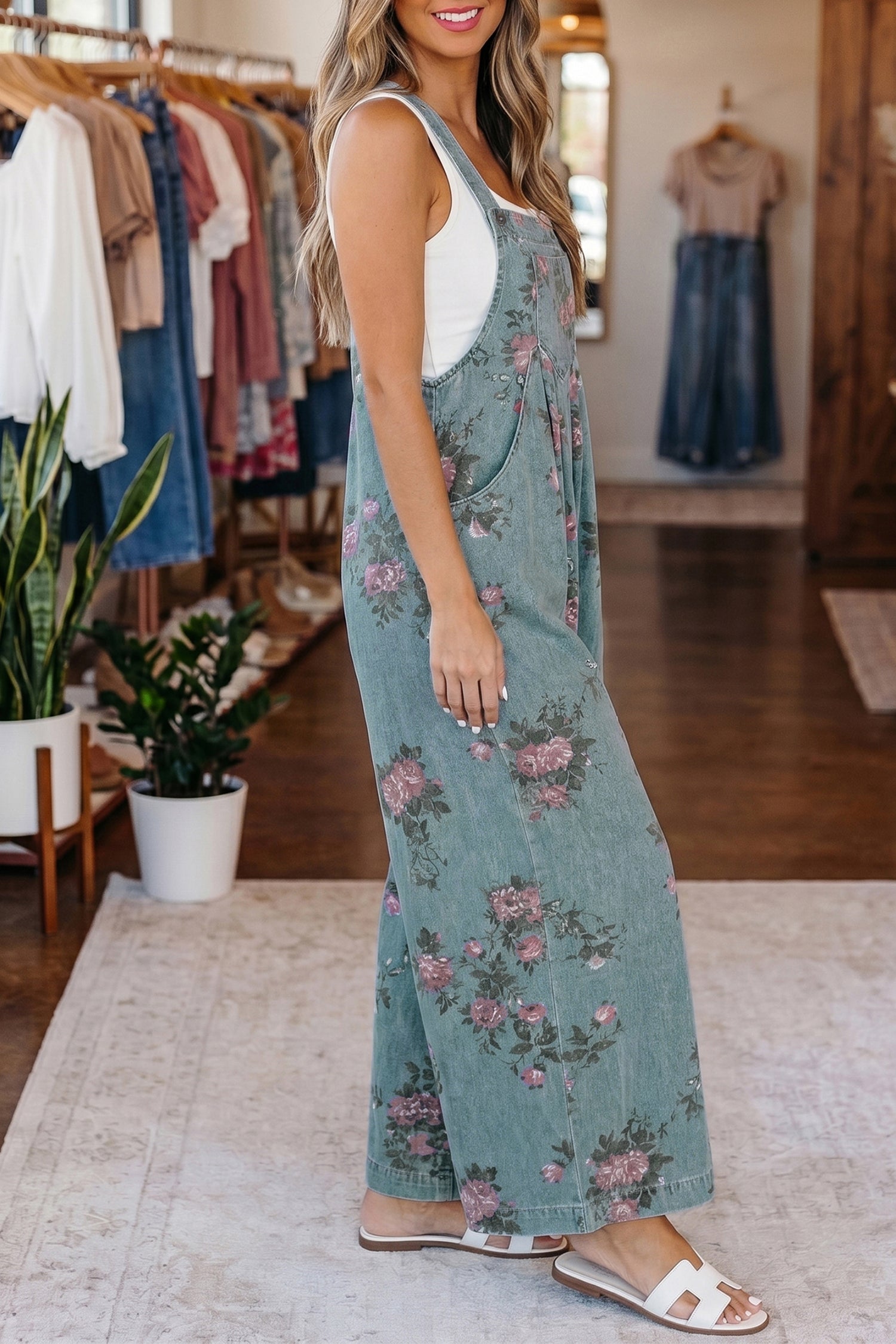 Blue Beau Floral Print Pleated High Waist Wide Leg Denim Jumpsuit
