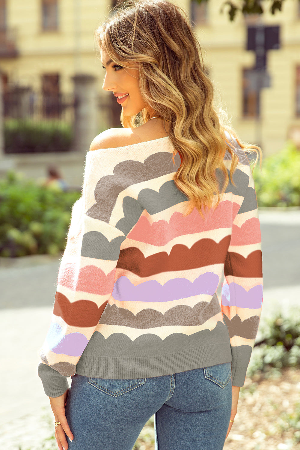 Rose Red Wave Striped Balloon Sleeve Drop Shoulder Sweater