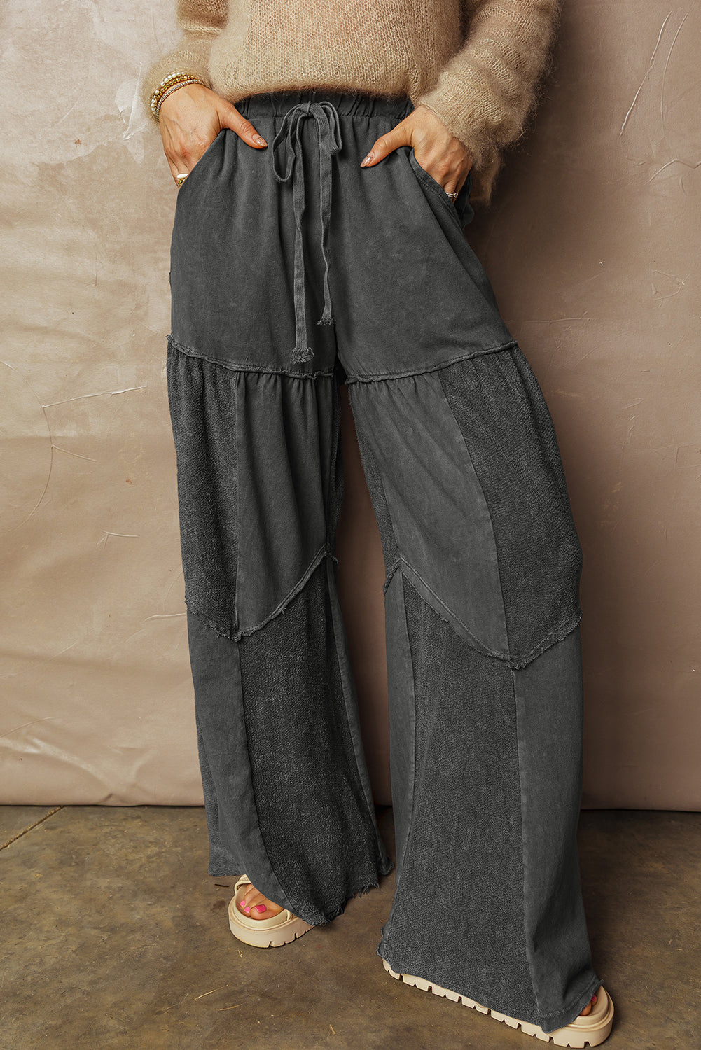 Straw Yellow Mineral Wash Tiered Wide Leg Patchwork Drawstring Pants