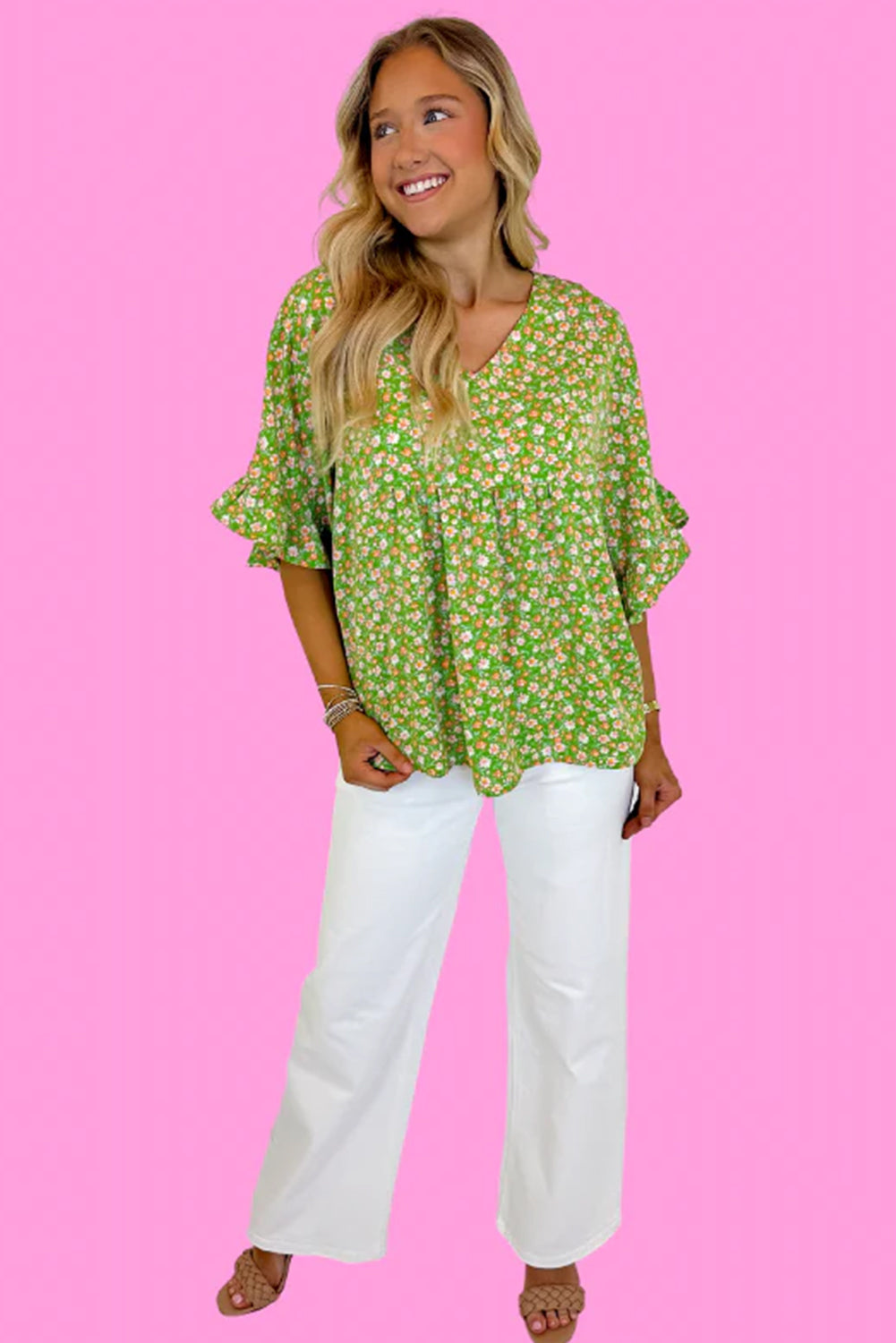 Green Floral Print Ruffle Sleeve V Neck Blouse Top